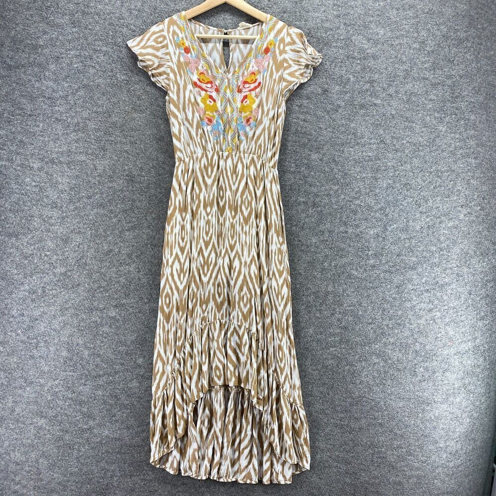 143 Story Dress Women S Small Brown Geometric Maxi Long V-Neck Short Sleeve